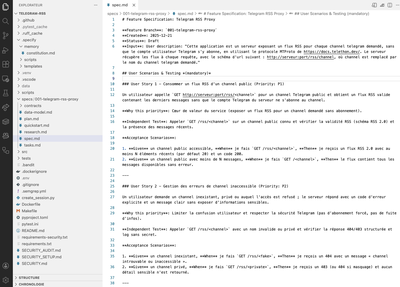 L’arborescence du projet terminé et le fichier de specification